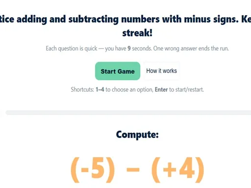 Maths Quiz with Negative Numbers